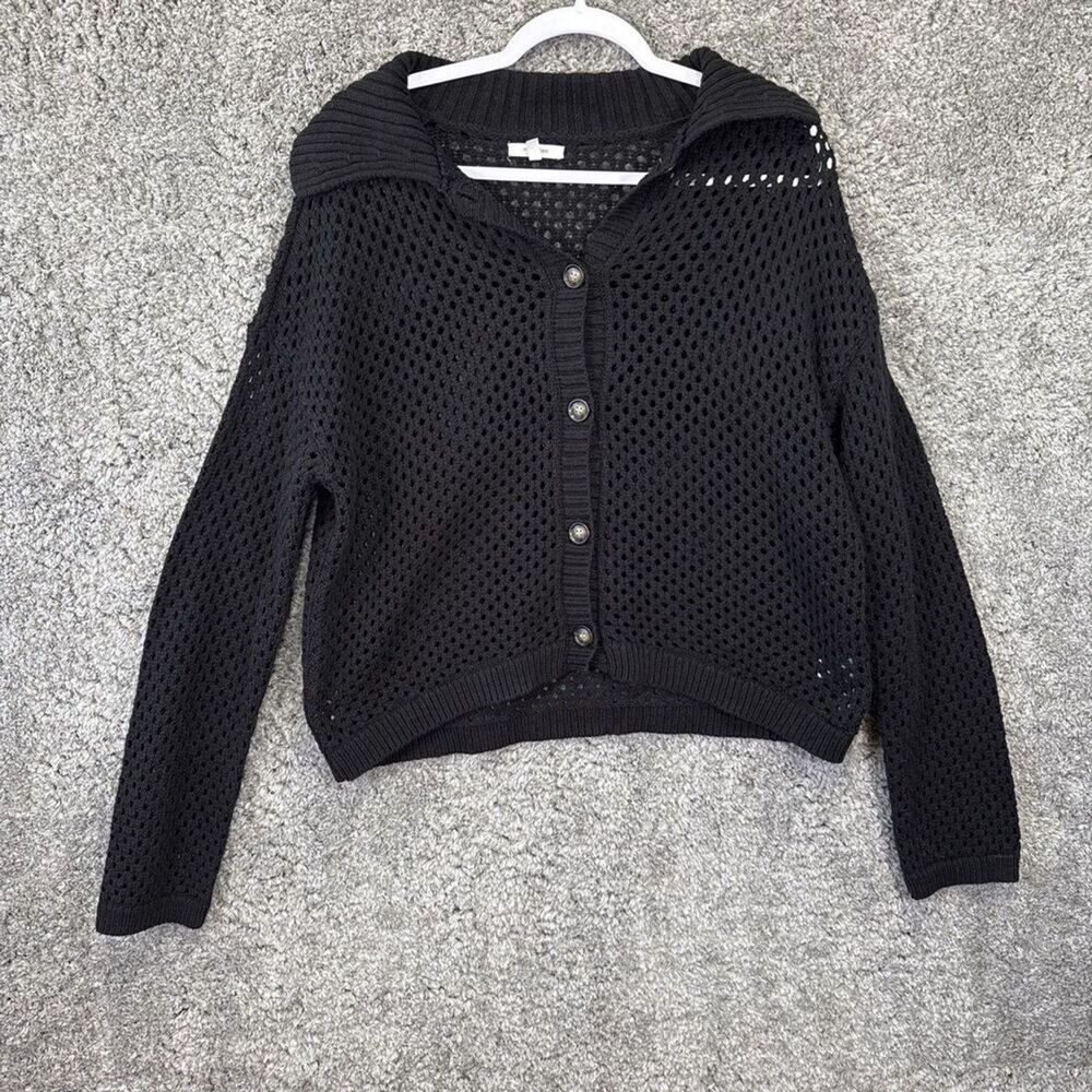 Maurice’s Open Knit Boxy Cardigan Sweater Collared Medium Black Elevated Basic